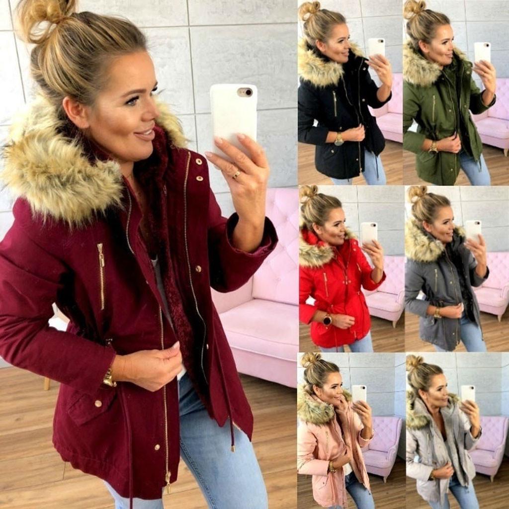 Women Fashion Winter Warm Military Hooded Jacket Casual Faux Outwear