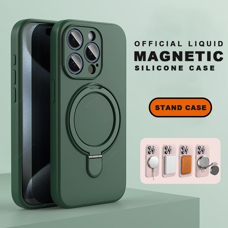 Магнитный Чехол из Жидкого Силикона для Телефона Для Для Iphone 17 Air 14 1 16 Pro Max Кольцо Держатель Стенд Ударопрочный Защитный Чехол