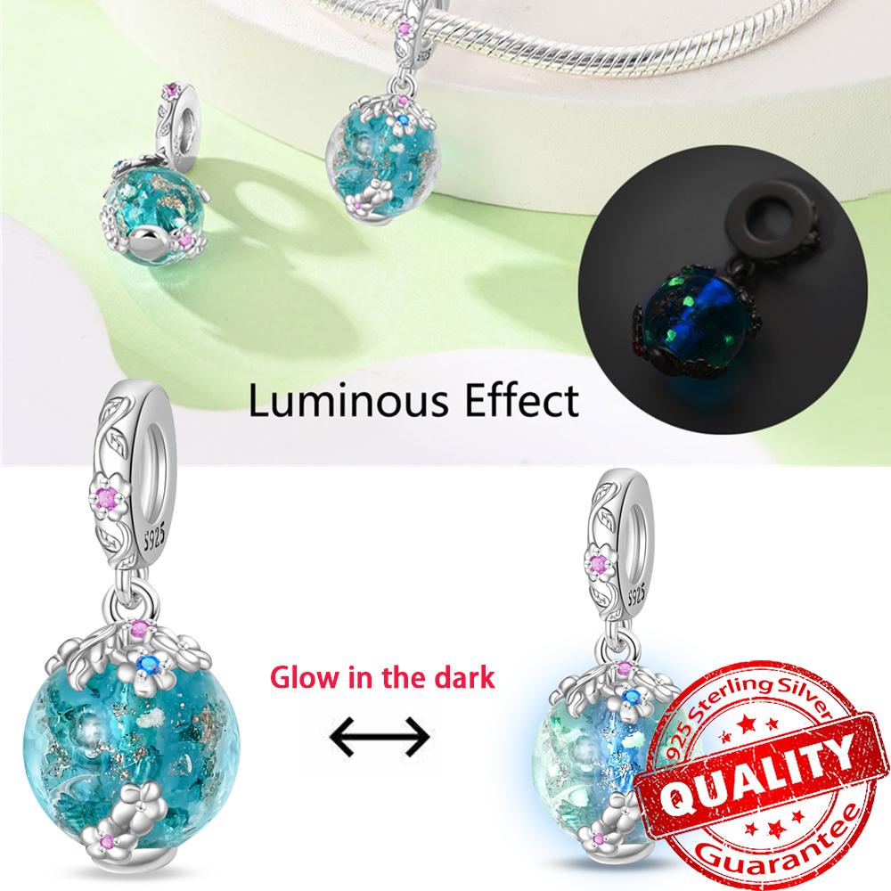 Original 925 Sterling copper Glow-in-the-dark Green Zircon Heart Butterfly & Spinning Ball Dangle Charm Fits Original Bracelet