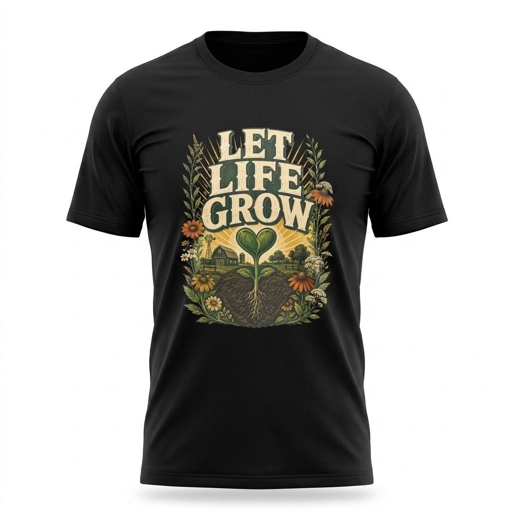 Let Life Grow Pro Life Gardening Black T-Shirt Floral Nature Tee
