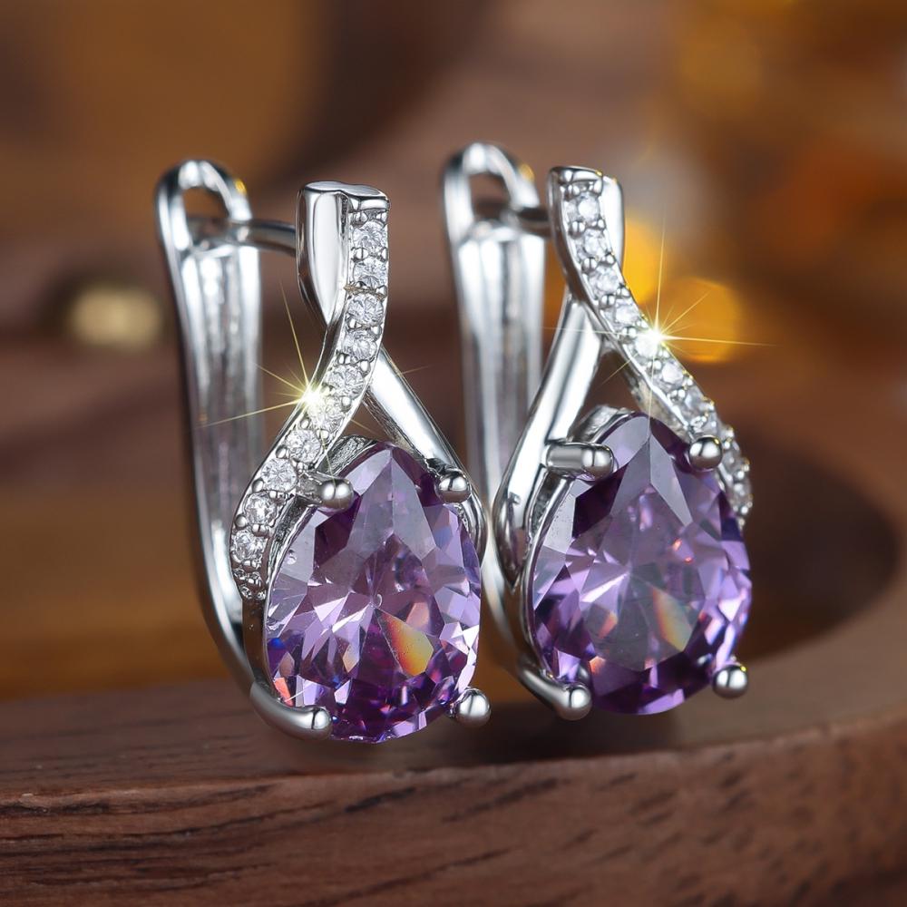 Элегантные серьги-капли с фиолетовым цирконом в форме капли воды для женщин, серебристого цвета, свадебные, для вечеринки, ювелирный подарок
