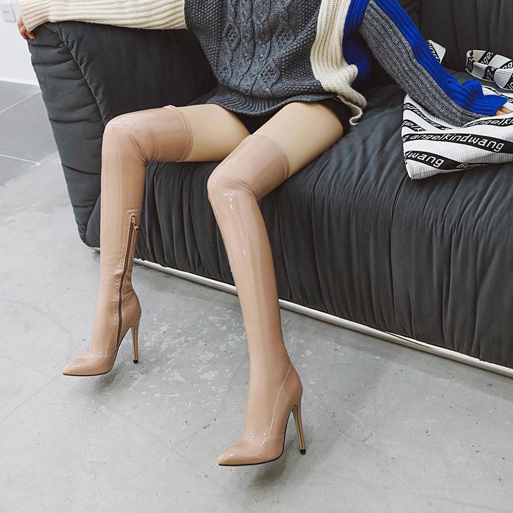 Q/Women's High Heeled Boots, Sexy Pointed Toe Thin Heel Knee Length Boots, Oversized Women's Shoes