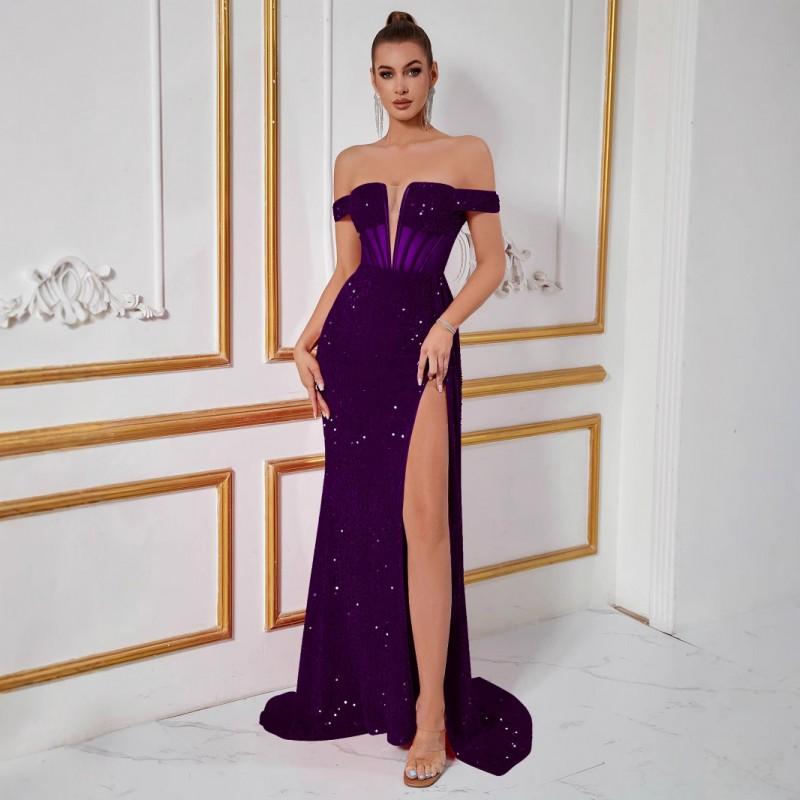 Elegant Sequin One-Shoulder Wrap Waist Long Dress Evening Party Formal Occasion