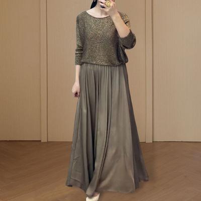 Женский комплект из двух частей: юбка, блестящий топ с круглым вырезом и длинными рукавами, а также юбка-макси А-силуэта с высокой талией, повседневный блестящий наряд