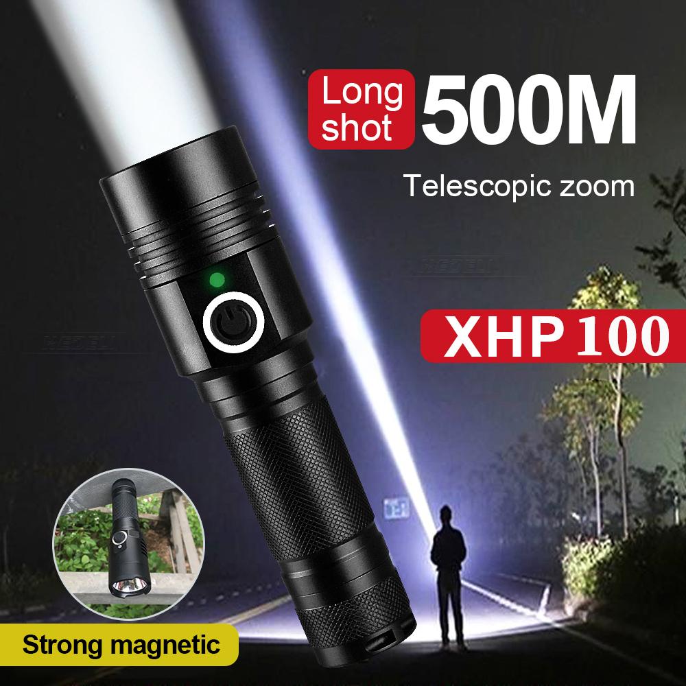 Портативный фонарик Super XHP100 Magnet Torch Long Shot 500M USB перезаряжаемый фонарь Zoomable Flash Light водонепроницаемый фонарь
