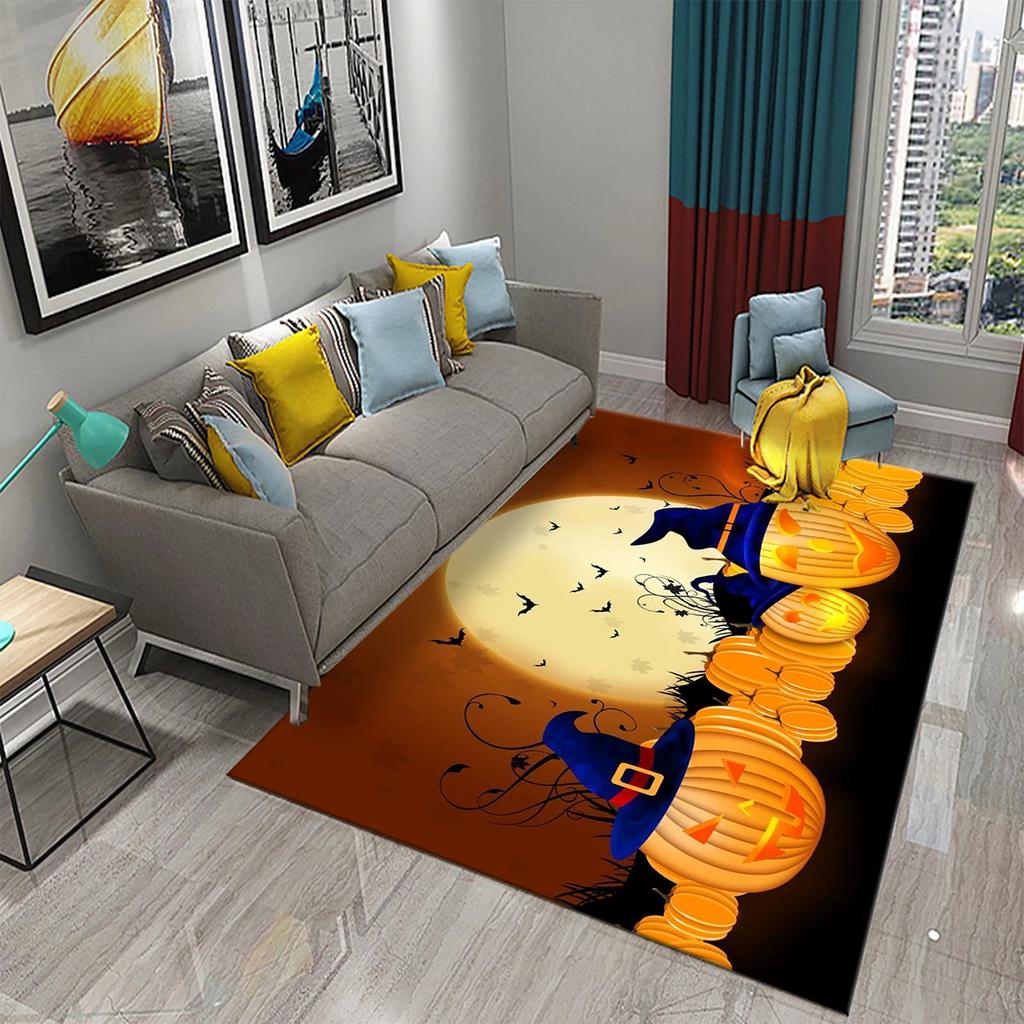 Halloween Theme Area Rug With Cartoon Ghost Pumpkin Bat Haunted House Artistic Patterns Soft Decorative Carpet For Living Room