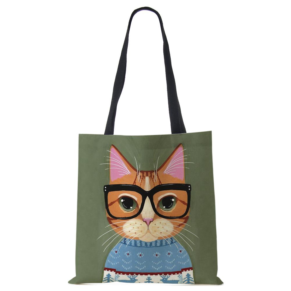 Сумка на плечо повседневная с милым принтом кошки, женская, для покупок, многоразовая, большая вместимость, холщовая, для путешествий, школы, пляжа, тоут-сумка CLE