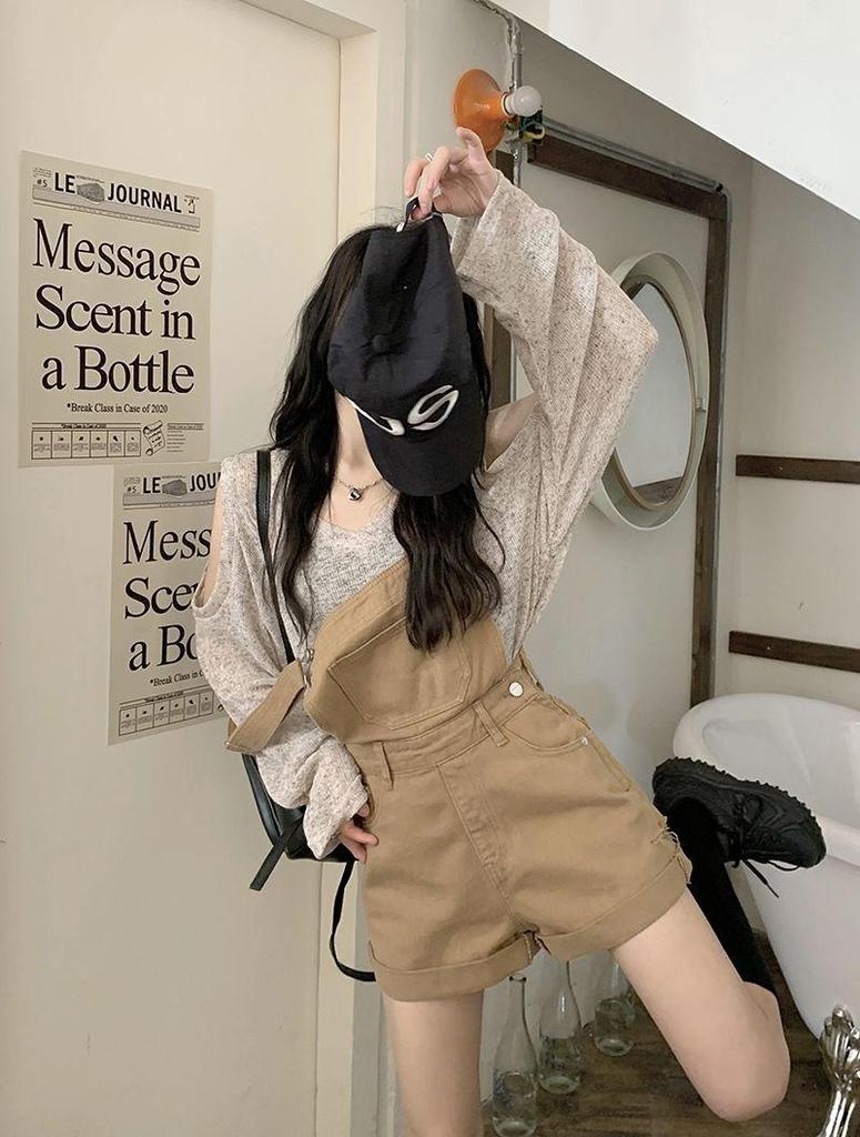 Солнцезащитная рубашка с открытыми плечами и универсальные джинсовые шорты-комбинезон для женщин