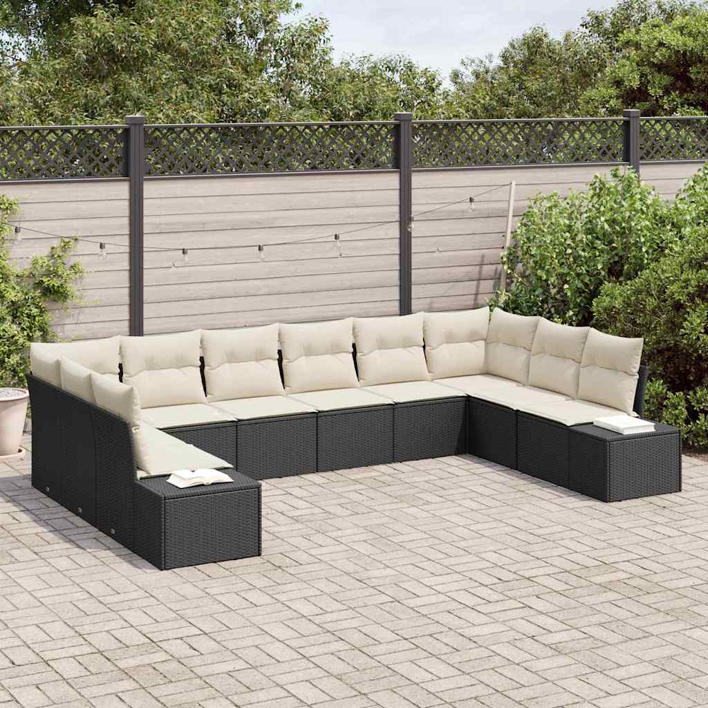 Garden Sofa Set with Cushions 10 pcs Black and Cream Poly Rattan