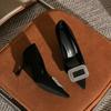 -A High-end Suede Pointed Head Temperament Thin Heel High Heel Square Buckle Black Shoes Versatile Single Shoes