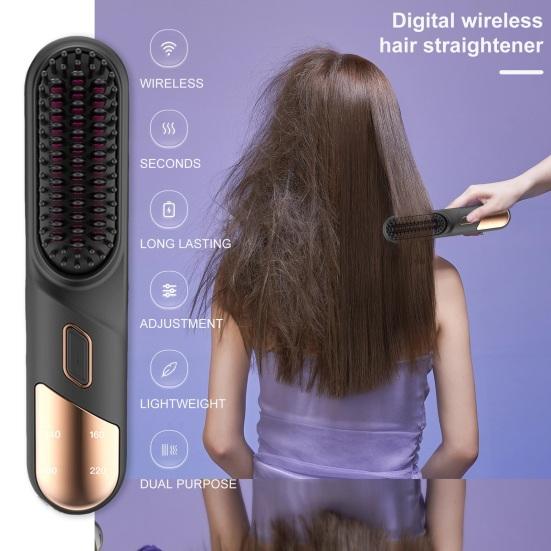 Hair Straightener Brush 4 Temperatures Fast Heating USB Rechargeable Cordless Negative Ions Hot Brush Electric Fluffy Curly Hair Styling Detangling