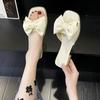 2025 Summer New Thick Heel Cool Slippers Women's Shoes Bow Middle Heel Sandals Square Head Versatile Outer Wear One-word Drag Women