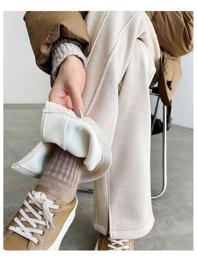 Женские брюки 2024 года из шерстяного флиса в елочку на подкладке с разрезом и прямыми штанинами для повседневной носки осенью/зимой