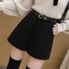 2024 Women's Black Woolen High-Waist Slim Wide-Leg Pants for Autumn and Winter