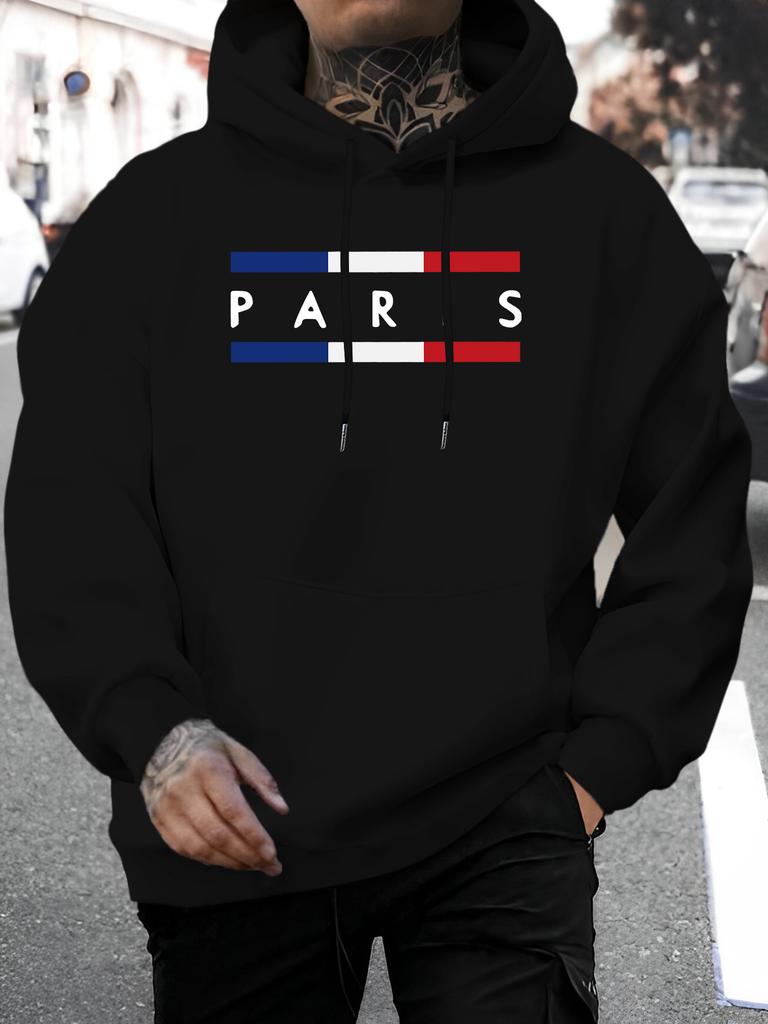 New 2025 unisex Paris Letter Print Hoodie - Autumn/Winter Casual Knit Pullover with Drawstring Hood, Regular Fit, 100% Polyester, Long Sleeve Hooded S