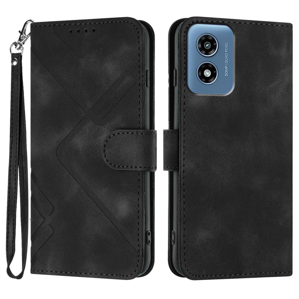 For Motorola Moto G Play (2024) 4G Wallet Case Line Imprinted PU Leather Phone Cover with Strap