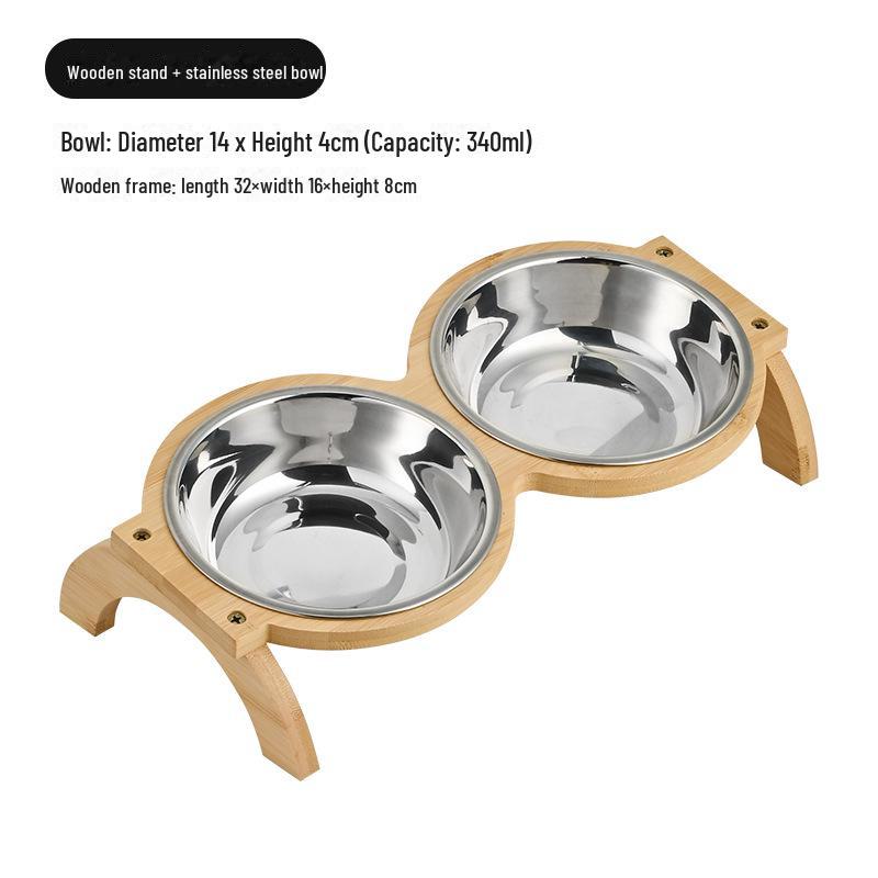 Керамическая миска для домашних животных на деревянной подставке двойного назначения: Противоударная конструкция для защиты шеи, подходит для кошек и собак.