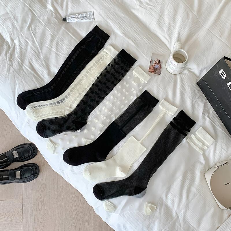 Шелковые носки с кристаллами, женские чулки, летние ультратонкие прозрачные гольфы в горошек JK для девочек, черные, белые длинные носки, чулки