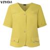 VONDA Женская блузка с V-образным вырезом, коротким рукавом, застегивающаяся на пуговицы, повседневная, элегантная, укороченная