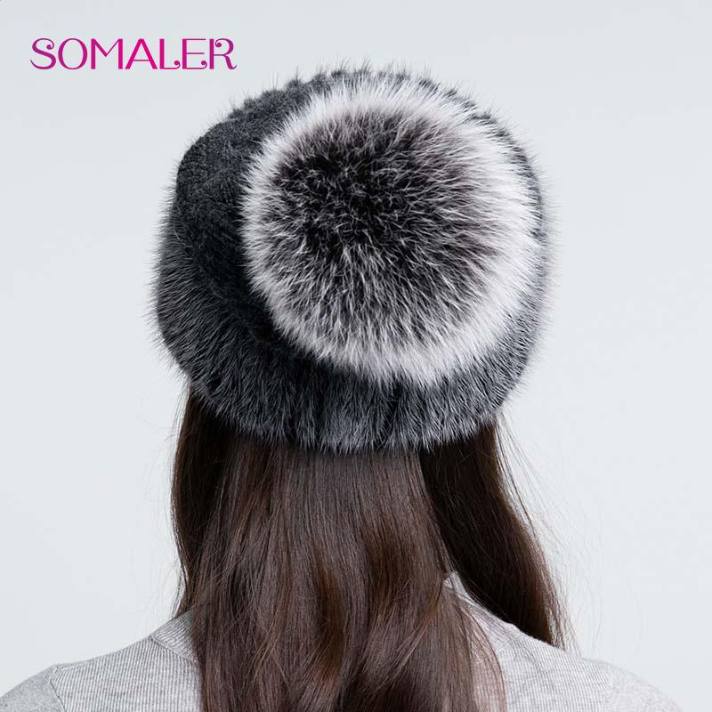 Winter Mink Fur Knitted Wool Hat for Women Fox Fur Pompom Slouchy Beanie Fashion Warm Style Cap Baggy Crochet Hat