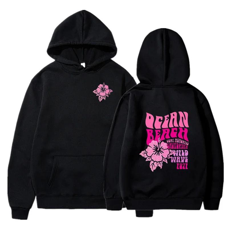 Женская мода повседневные толстовки с капюшоном Ocean Beach Flower Slogan спереди и сзади розовые толстовки с капюшоном в пляжном стиле пуловер с капюшоном для путешествий