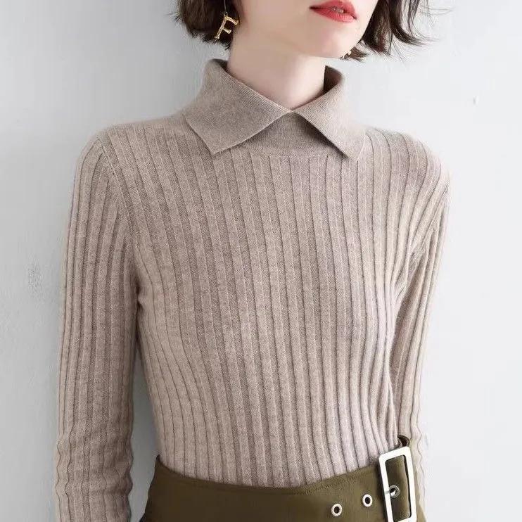 Autumn Winter Women Elegant Polo Collar Ribbed Knitted Sweater Solid Long Sleeve Slim Pullover Tops Basic Jumper Sweater