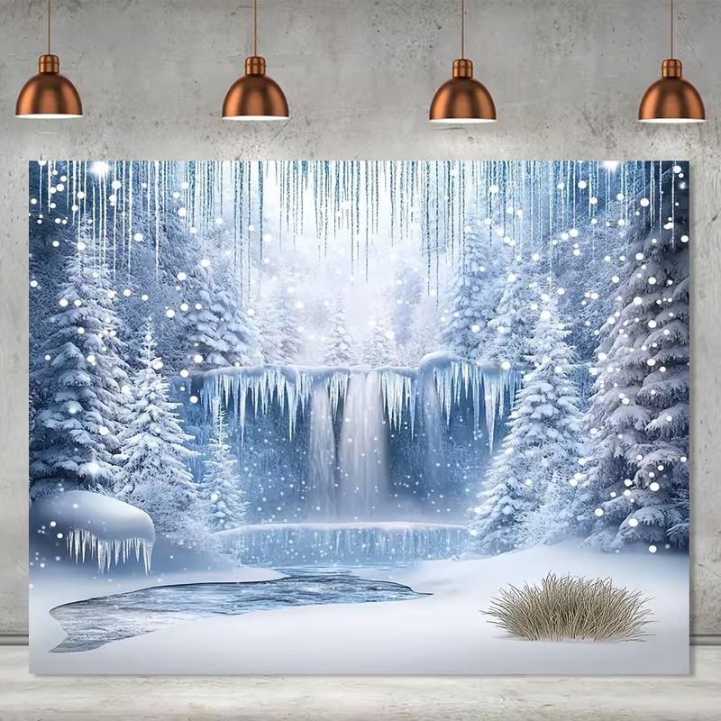 Ледяное Чудо-Свет 2D Фон, Замерзший Водопад и Снежный Лес Фото Фон