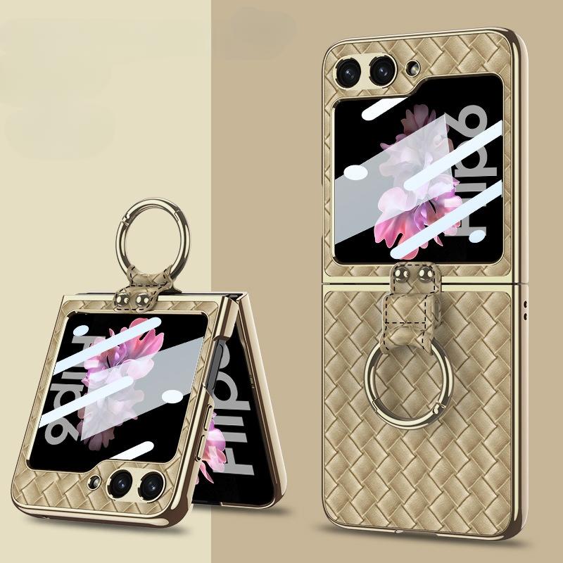 Electroplate Shell Film Weaving Ring Phone Case for Samsung Galaxy Z Flip 6 5 4 Flip6 Flip5 Flip4 Flip3 5G Fall Prevention Cover