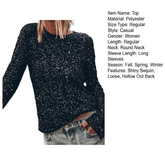 Women Top Round Neck Hollow Out Back Backless Shiny Sequin Long Sleeve Soft Pullover Party Club Performance Lady T-shirt Blouse
