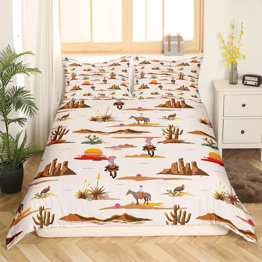 Western Cowboy Duvet Cover Set Twin Size,Horseshoe Stars Cowboy Hat Pattern Comforter Cover Rustic Vintage Southwest Bedding Set