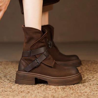 Женские осенние ботинки Мартин из мягкой кожи на толстой подошве и толстом каблуке, с круглым носком, в стиле ретро, состаренного коричневого цвета с полировкой, короткие ботильоны на высоком каблуке