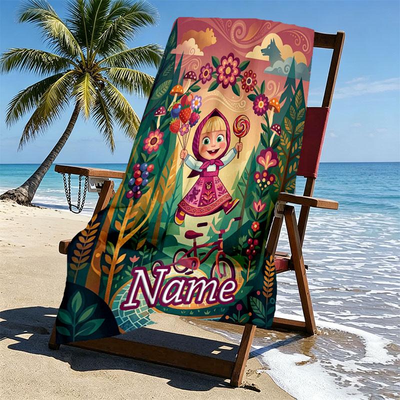 Custom Name Personalized Masha and the Bear Print Beach Towel, for Trip Camping Beach Party Home Decor, Birthday Gift for Family & Friends