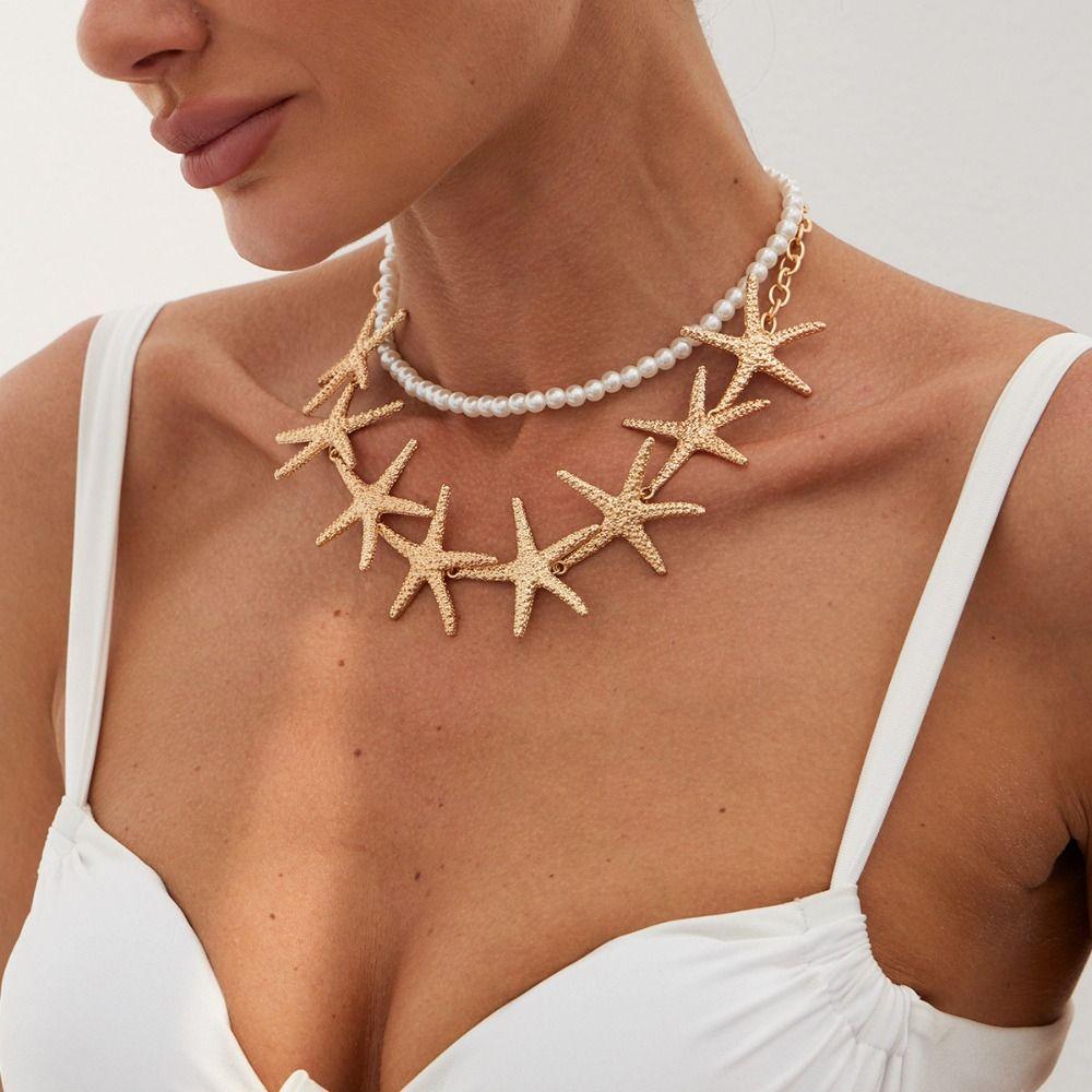Beach Style Pearl Shell Necklace Elegant Exaggerate Metal Necklace Starfish Necklace Summer