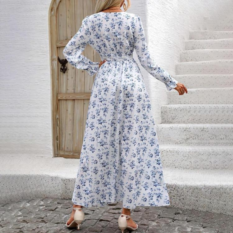 Women Floral Print V-neck Long Sleeve A-Line Dress Spring Summer Casual Elastic High Waist Ankle-Length Dresses