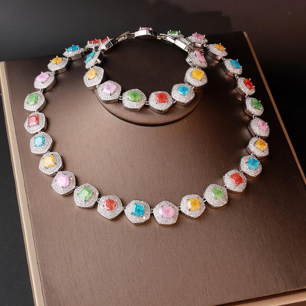 Luxury Multicolor Zircon Necklace Earring Bracelet Set for Women Elegant Geometric Design Crystal Jewelry Party Wedding gift