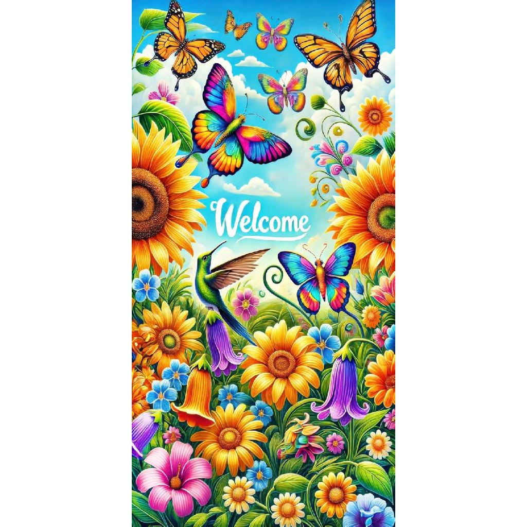 Welcome Door Cover Spring Butterfly Design Door Banner 71x35 Inch Polyester Summer Sunflower Hummingbird Decoration for Front Door and Indoor