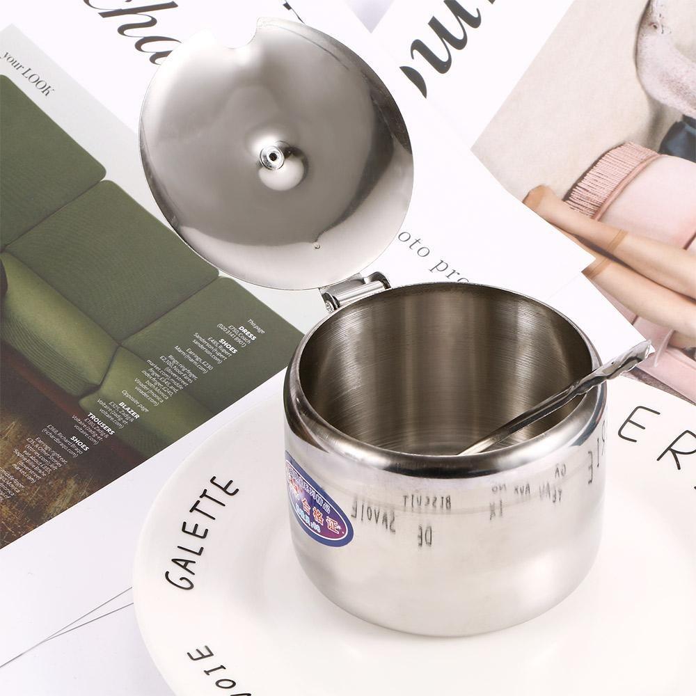 7,5 см Нержавеющая сталь Прочный Сахарница с Ложкой с Крышкой Банка для Хранения Горшочек для Специй Солонка Банки для Соуса