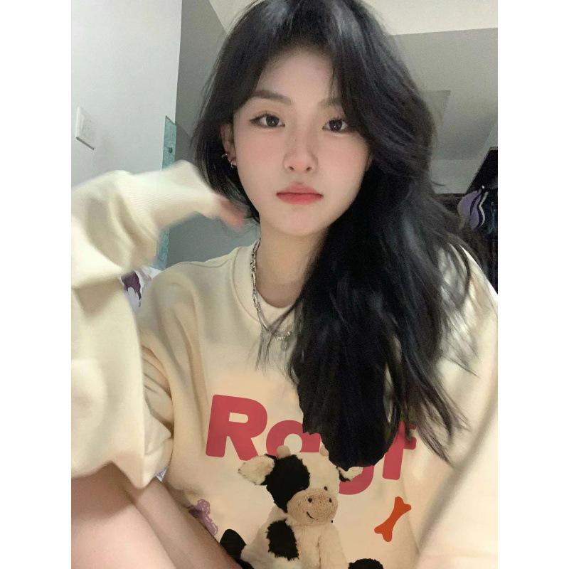 Women's Oversized Apricot Sweet Milk Hoodie - Korean Style, Round Neck, Long Sleeve, Autumn/Winter Casual Top