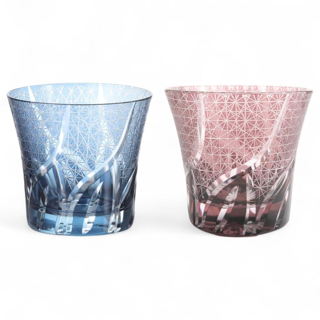 Mizukage Kiriko Pair of Glass Ranbori Komon Ink Blue with Bottom Beautiful Current Model J-kitchens Cups, 94xH85mm, 240cc, (Small Pattern) & Purple,
