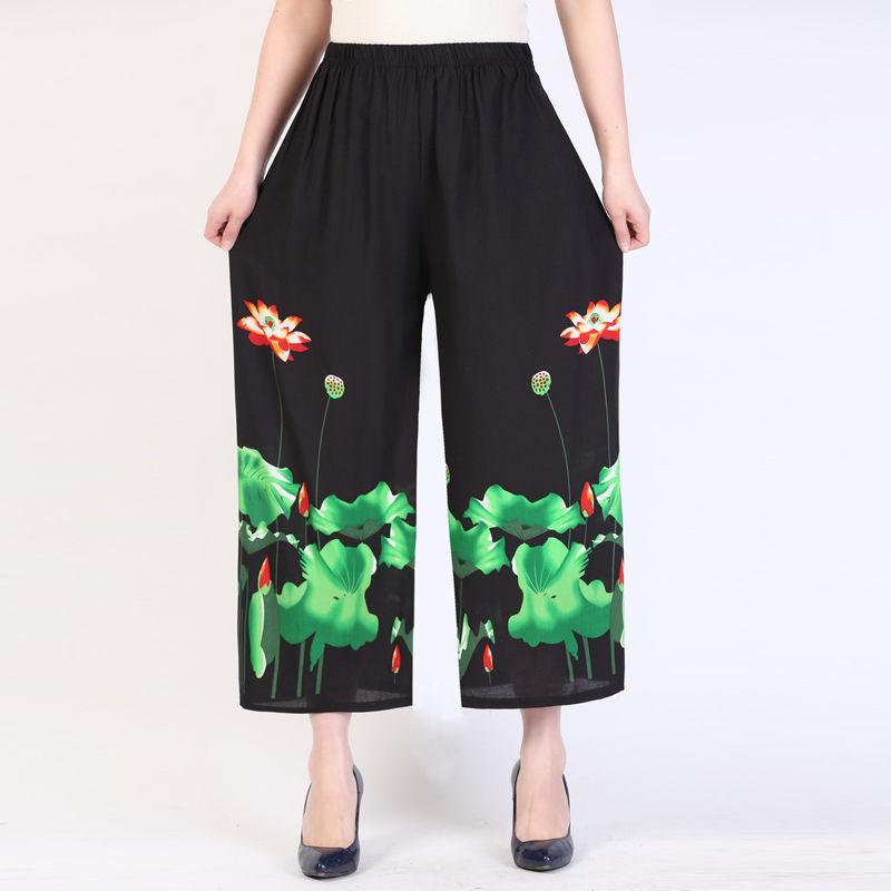 Women Summer Large Size Printed Culottes In Spring and Summer Loose High Waist Vintage Elastic Casual Cropped Pants