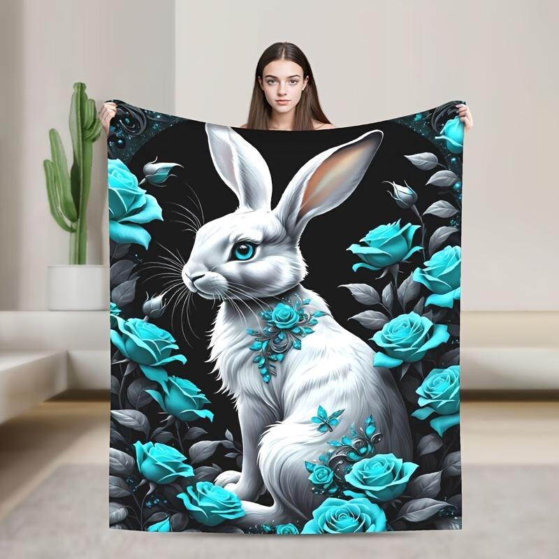 White Rabbit themed flannel blanket, suitable for bedrooms, cars,outdoors,sofas,travel,offices,camping,and gifts for girlfriends