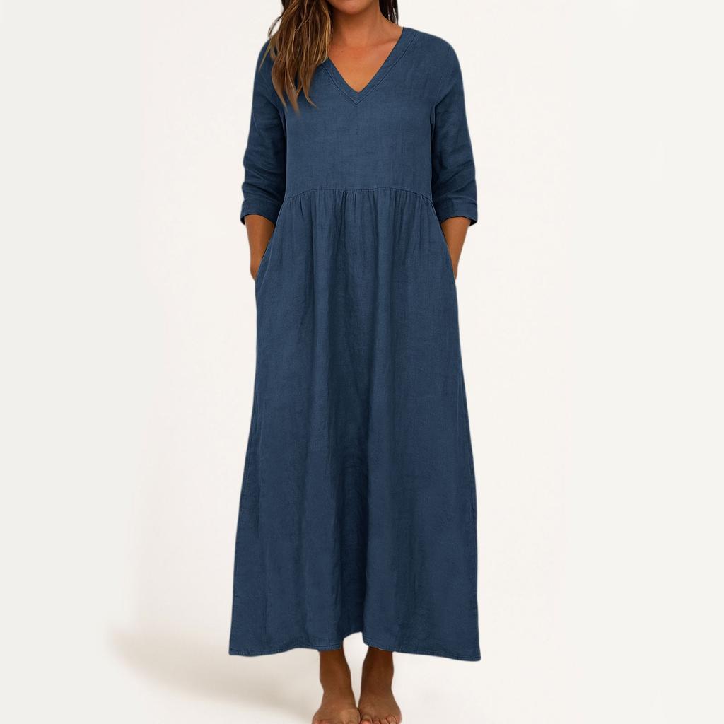 Dress For Women Long Boho Beach Dress Elegant Maxi Dress V-Neck 3/4 Sleeve Dress With Pockets
