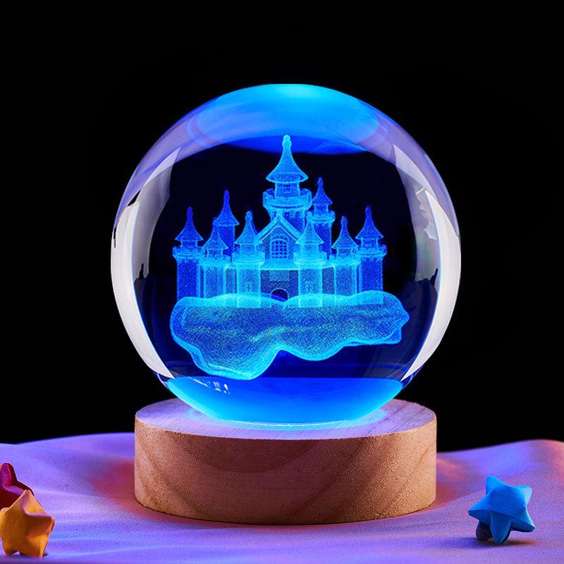 3D Вырезанный Замок в Небе Хрустальный Шар Ночник – Светящийся Стеклянный Орнамент и Подарок на День Святого Валентина