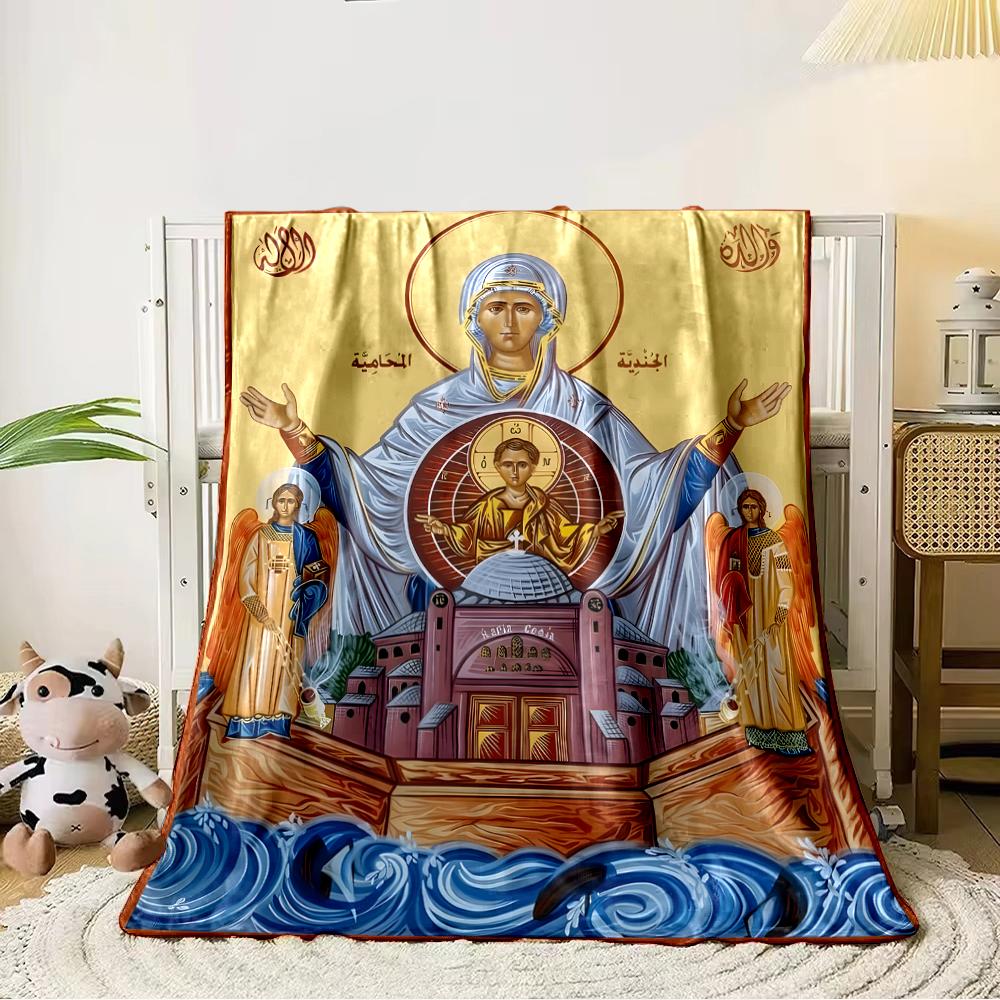 "Religious Icon Blanket with Holy Figures Design"Flannel blanket for bedroom, living room, sofa, and nap
