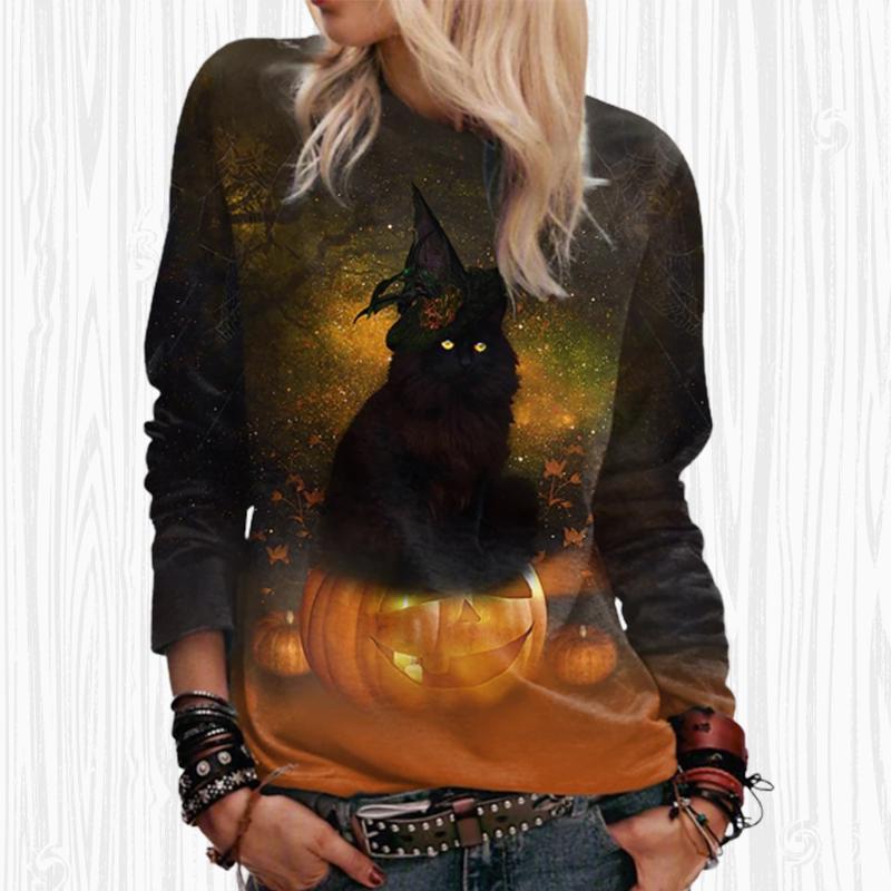 Женские осенние топы, свободная футболка с крутым котом и принтом кота, повседневная футболка с длинными рукавами, топ, блузка