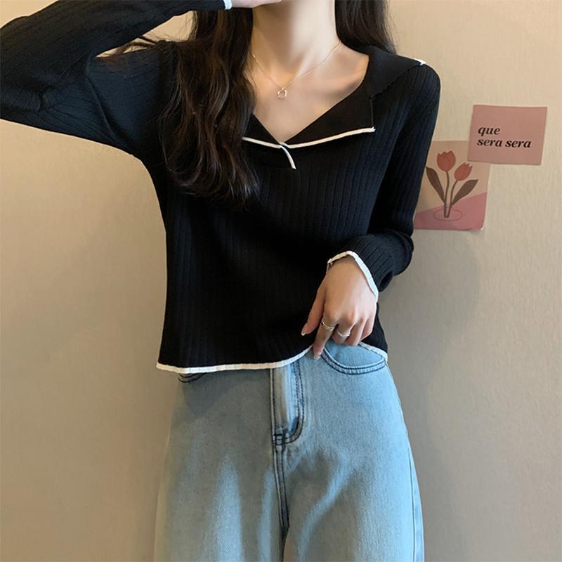 Polo Collar Pullover Knit Base Layer Top Women's Autumn Long Sleeve T-shirt Sweater Fall Clothing Spring Autumn Style