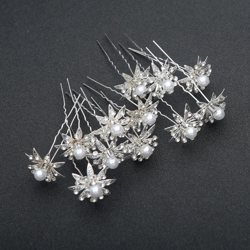 12pcs Delicate Fashion Bridal Headpiece U-Shaped Pin Pearl Flower Hairpin Women Hair Fork Coiled Hair Accessory Hairpin