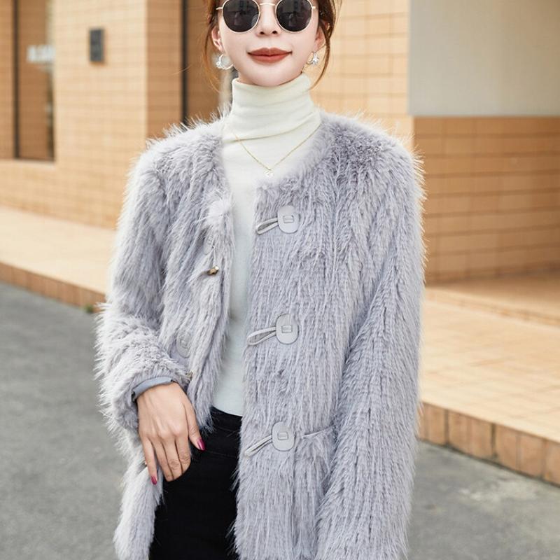 Зимнее новое стильное пальто из лисьего меха, цельное женское замшевое пальто с роговыми пуговицами, теплое пальто