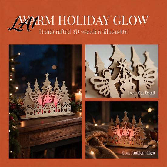 LED Desktop Ornament for Home Christmas Vintage Tree Sign Table Wooden Village House Lighted Tabletop