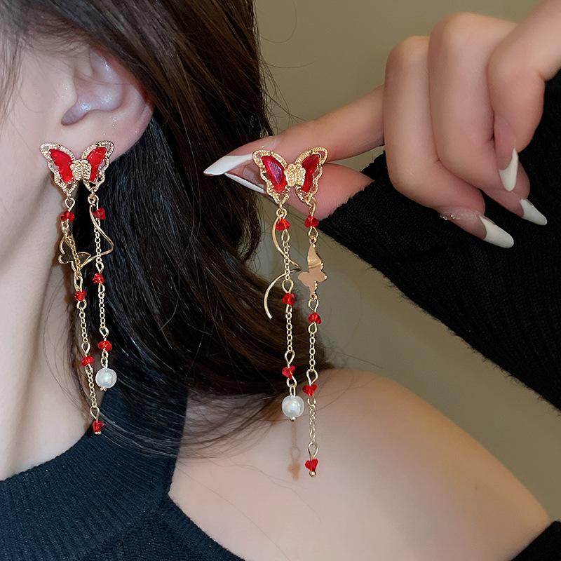 Серьги-подвески из цинкового сплава с иглами-бабочками, цирконом, длинной кисточкой и жемчугом для женщин, новая модная модель, легкая роскошь, циркон с высоким чувством